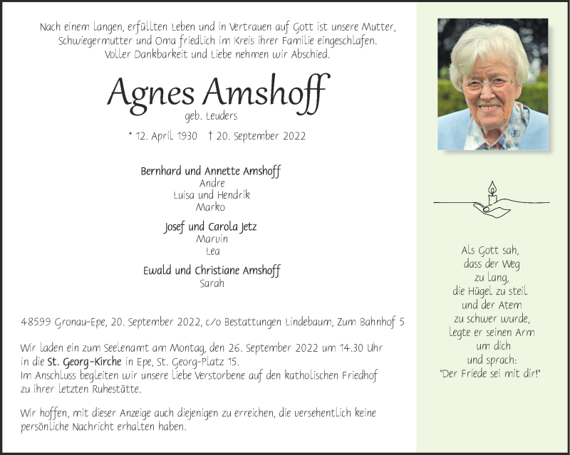  Traueranzeige für Agnes Amshoff vom 23.09.2022 aus 