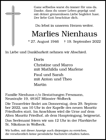 Anzeige von Marlies Nienhaus 