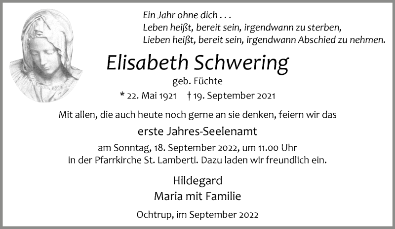  Traueranzeige für Elisabeth Schwering vom 14.09.2022 aus 