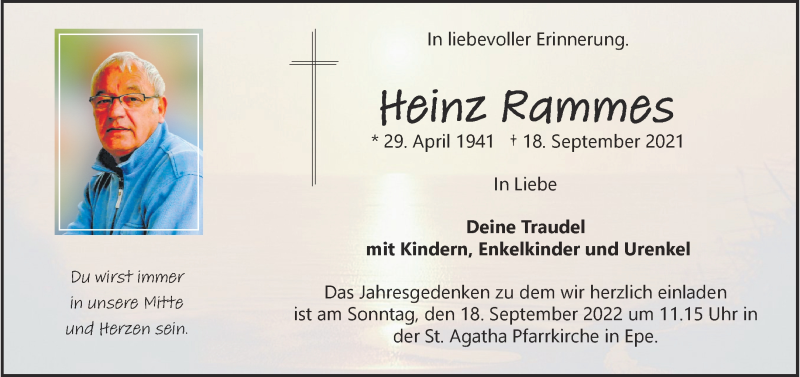  Traueranzeige für Heinz Rammes vom 10.09.2022 aus 