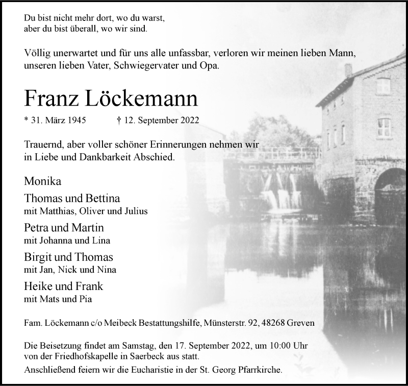  Traueranzeige für Franz Löckemann vom 15.09.2022 aus 
