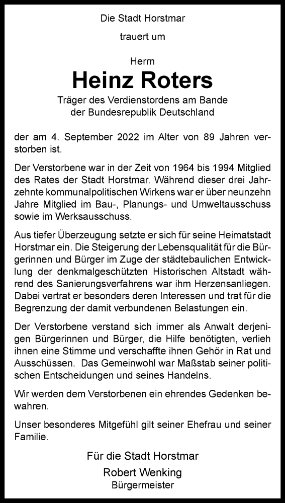  Traueranzeige für Heinz Roters vom 08.09.2022 aus 