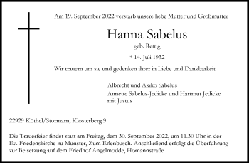 Anzeige von Hanna Sabelus 