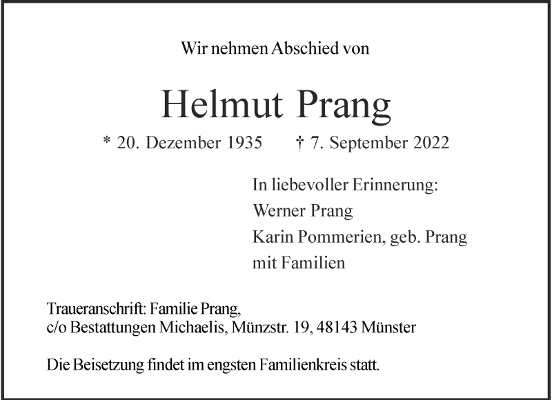  Traueranzeige für Helmut Prang vom 24.09.2022 aus 