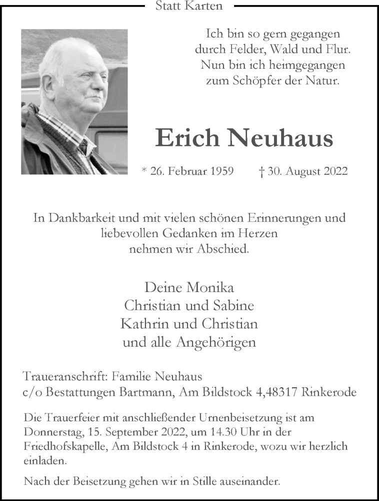  Traueranzeige für Erich Neuhaus vom 10.09.2022 aus 