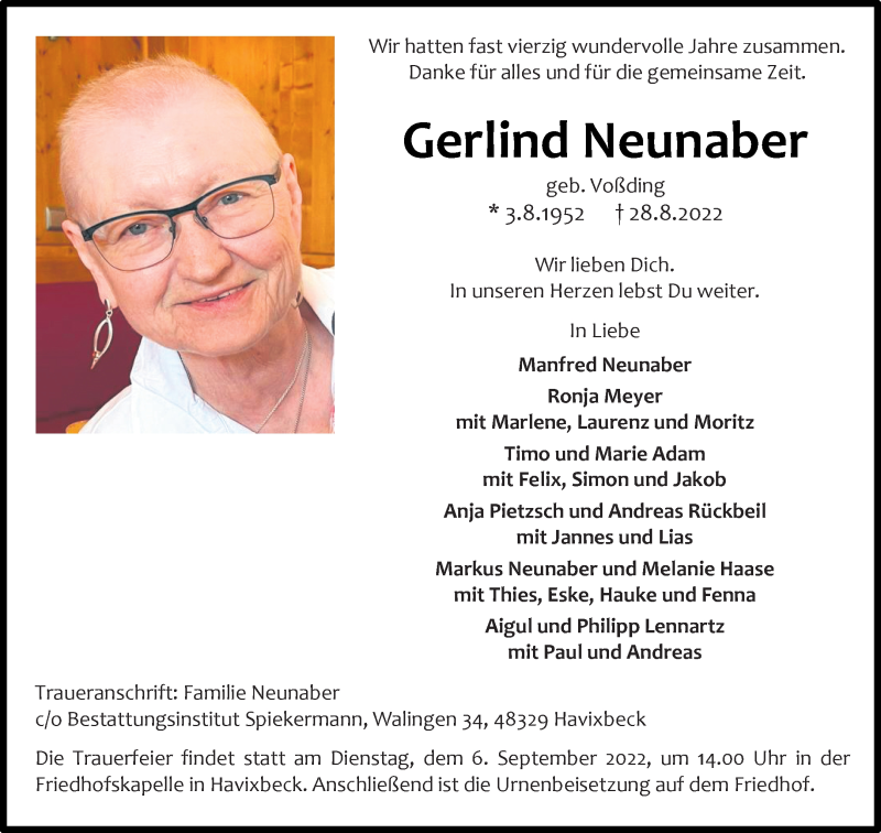 Traueranzeige für Neunaber Gerlind vom 03.09.2022 aus 