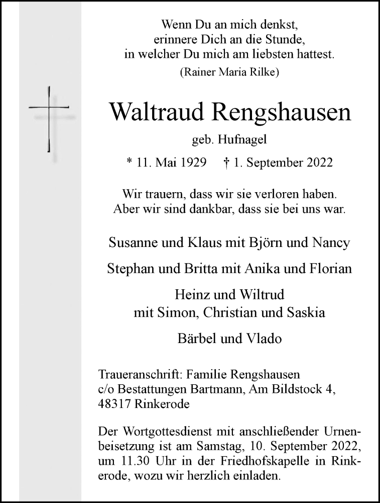  Traueranzeige für Waltraud Rengshausen vom 07.09.2022 aus 