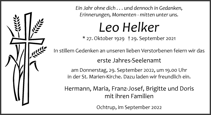  Traueranzeige für Leo Helker vom 24.09.2022 aus 