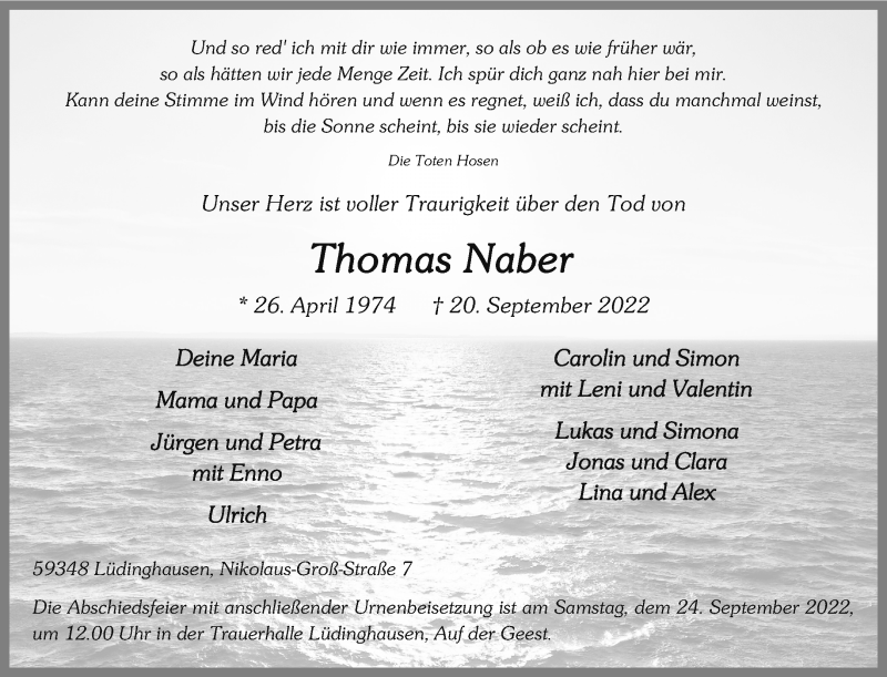  Traueranzeige für Thomas Naber vom 22.09.2022 aus 