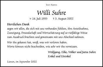Anzeige von Willi Suhre 
