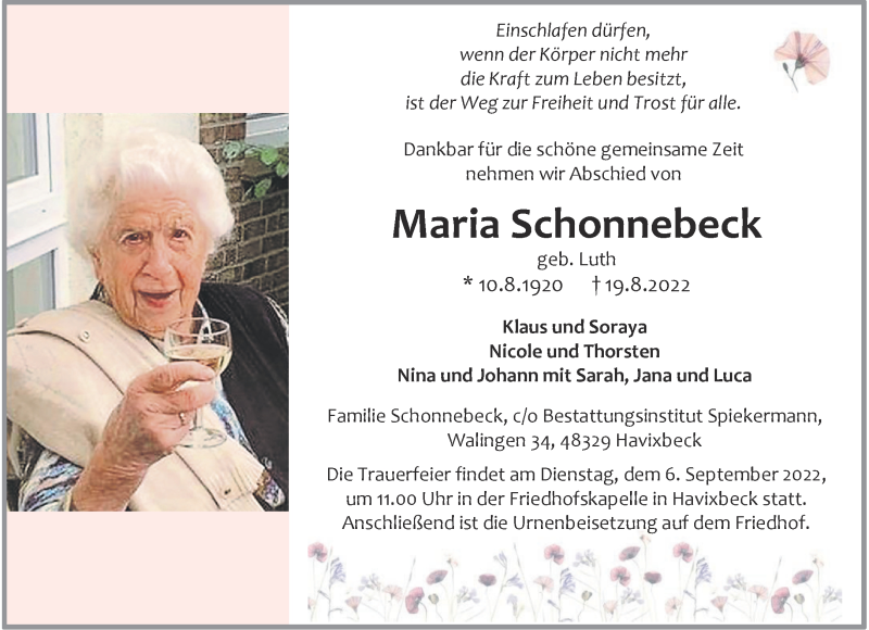  Traueranzeige für Maria Schonnebeck vom 03.09.2022 aus 