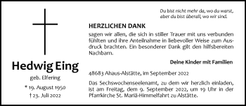 Anzeige von Hedwig Eing 