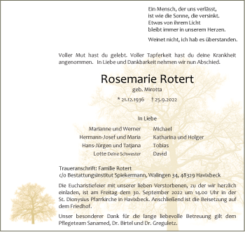 Anzeige von Rosemarie Rotert 