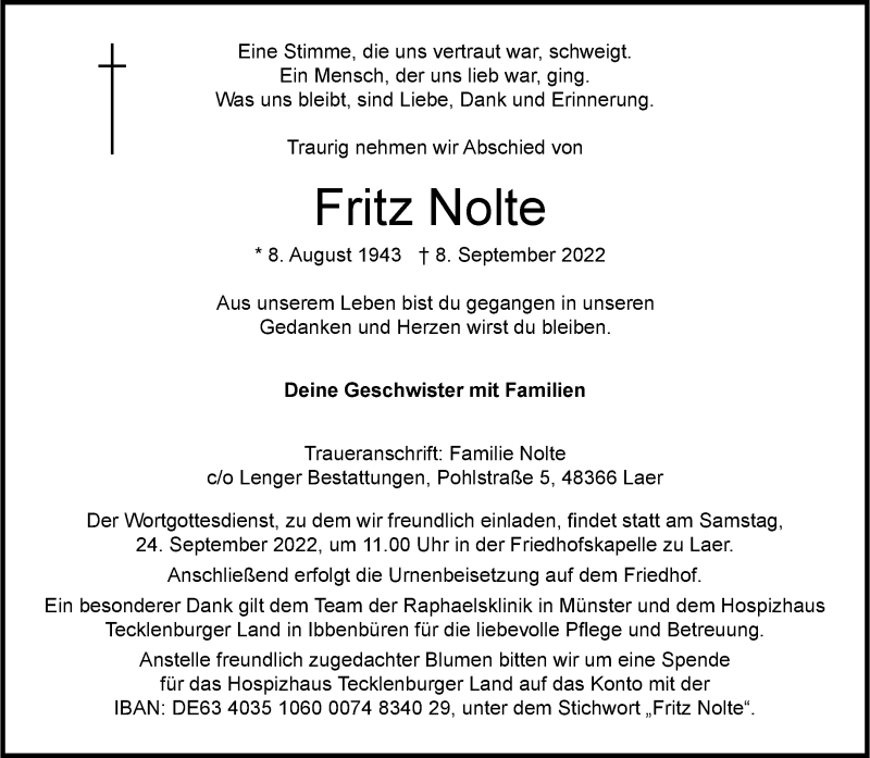  Traueranzeige für Fritz Nolte vom 17.09.2022 aus 