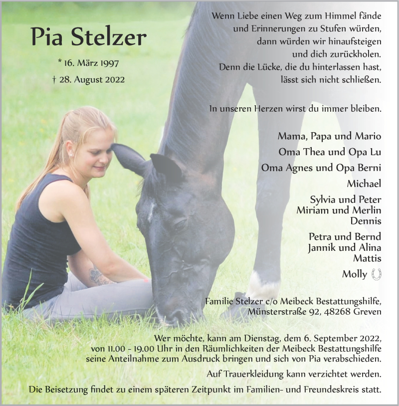  Traueranzeige für Pia Stelzer vom 03.09.2022 aus 