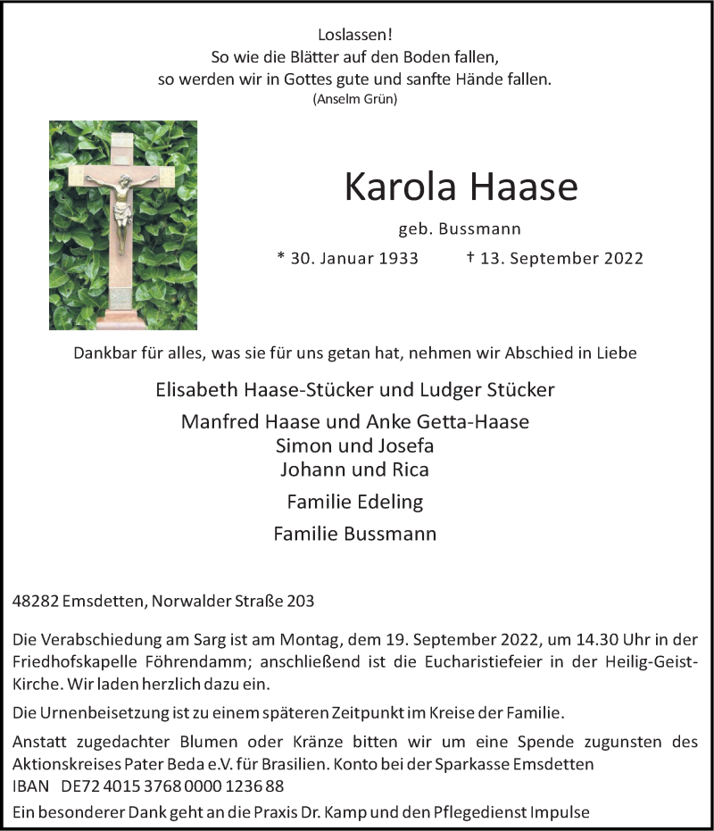  Traueranzeige für Karola Haase vom 16.09.2022 aus 