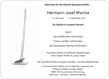 Anzeige von Hermann­ Josef Wantia 
