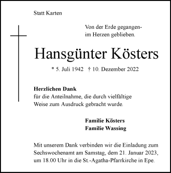 Anzeige von Hansgünter Kösters 
