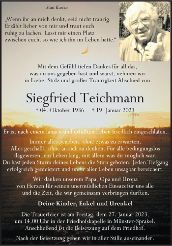 Anzeige von Siegfried Teichmann 