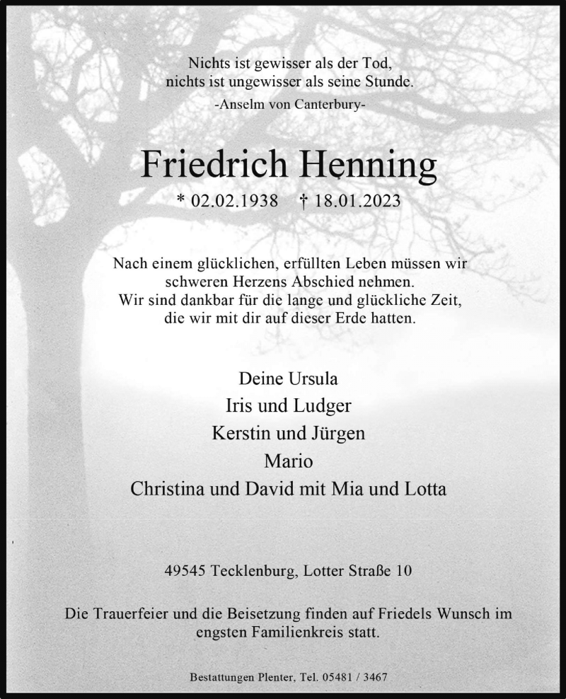  Traueranzeige für Friedrich Henning vom 21.01.2023 aus 