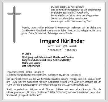 Anzeige von Irmgard Hürländer 
