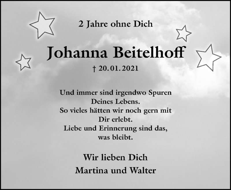  Traueranzeige für Johanna Beitelhoff vom 21.01.2023 aus 