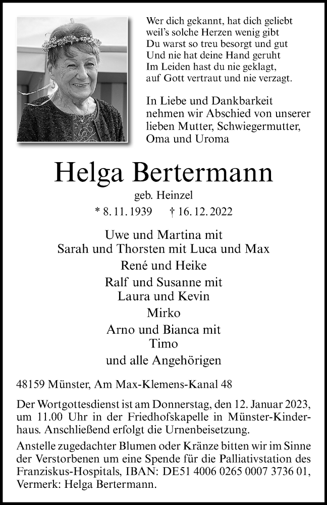  Traueranzeige für Helga Bertermann vom 07.01.2023 aus 