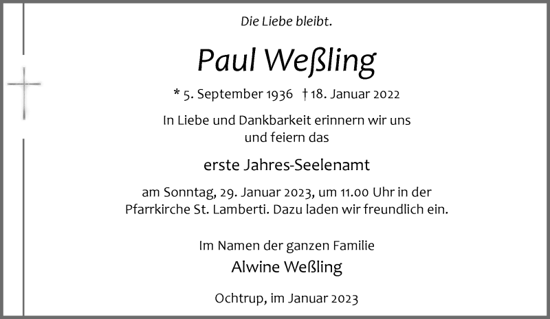  Traueranzeige für Paul Weßling vom 25.01.2023 aus 