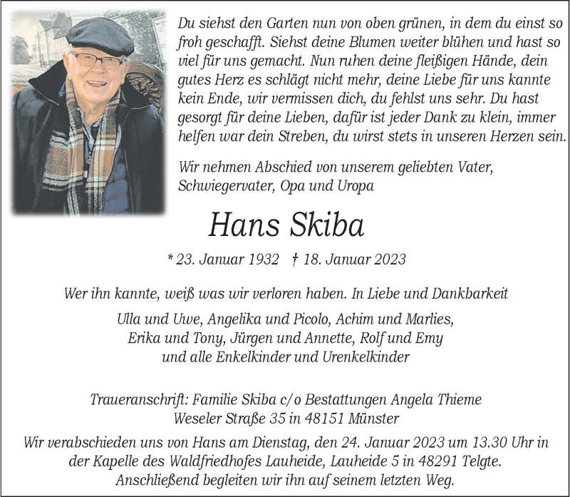 Traueranzeige für Hans Skiba vom 21.01.2023 aus 