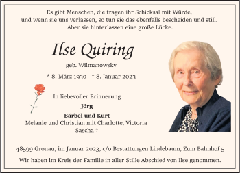 Anzeige von Ilse Quiring 