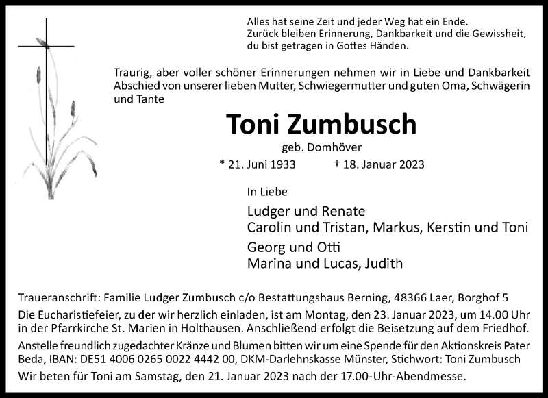  Traueranzeige für Toni Zumbusch vom 21.01.2023 aus 