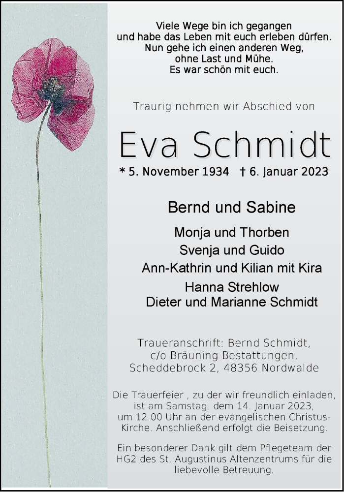  Traueranzeige für Eva Schmidt vom 09.01.2023 aus 