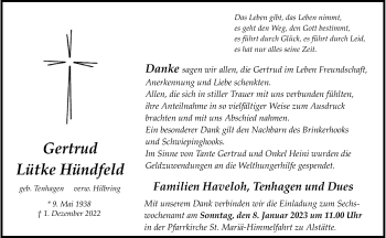 Anzeige von Gertrud Lütke Hündfeld 