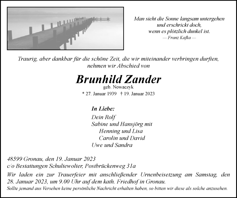  Traueranzeige für Brunhild Zander vom 25.01.2023 aus 