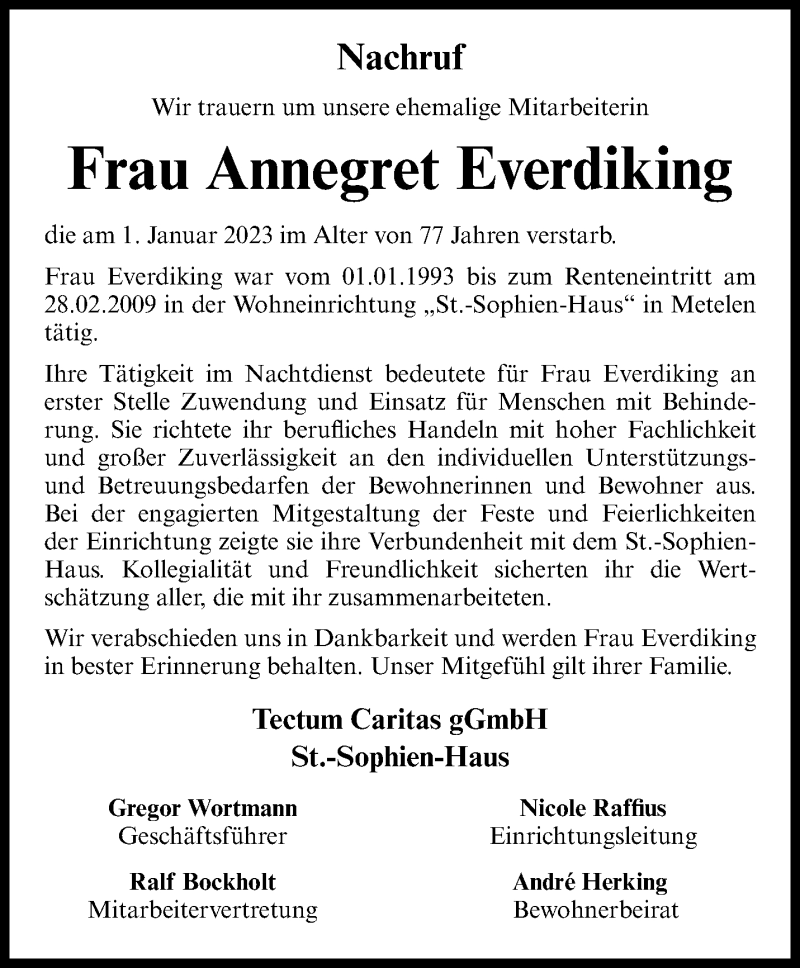  Traueranzeige für Annegret Everdiking vom 13.01.2023 aus 