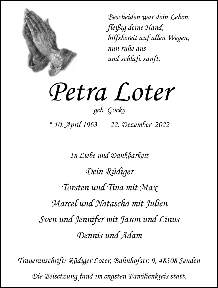  Traueranzeige für Petra Loter vom 18.01.2023 aus 