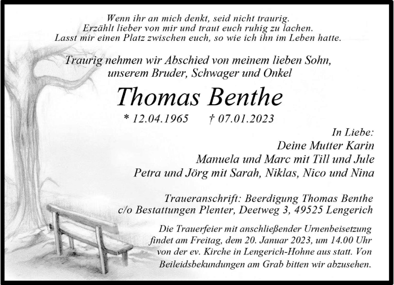  Traueranzeige für Thomas Benthe vom 18.01.2023 aus 