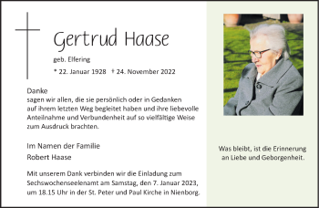 Anzeige von Gertrud Haase 