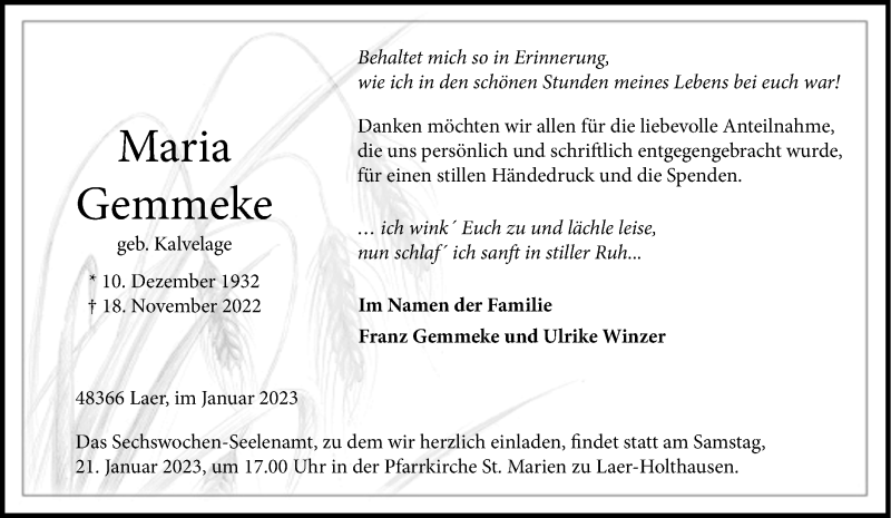  Traueranzeige für Maria Gemmeke vom 14.01.2023 aus 