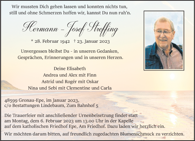  Traueranzeige für Hermann-Josef Streffing vom 28.01.2023 aus 
