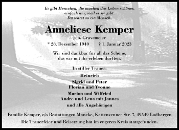 Anzeige von Anneliese Kemper 