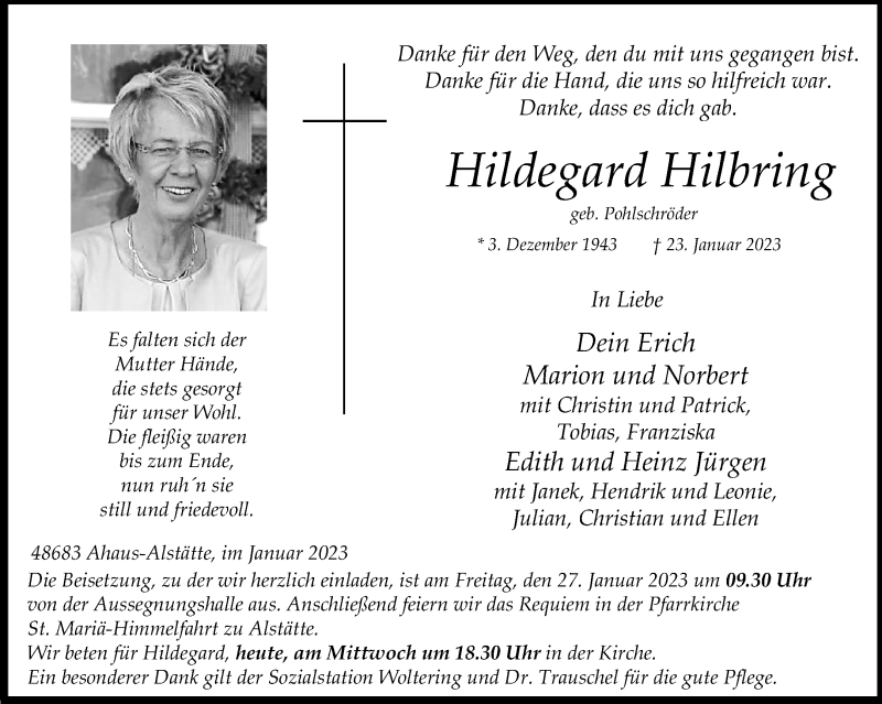  Traueranzeige für Hildegard Hilbring vom 25.01.2023 aus 