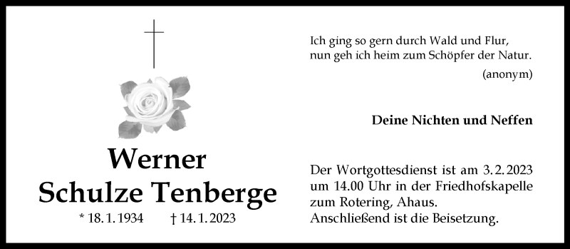  Traueranzeige für Werner Schulze Tenberge vom 28.01.2023 aus 
