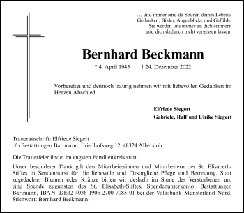 Anzeige von Bernhard Beckmann 