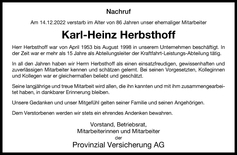  Traueranzeige für Karl-Heinz Herbsthoff vom 11.01.2023 aus 