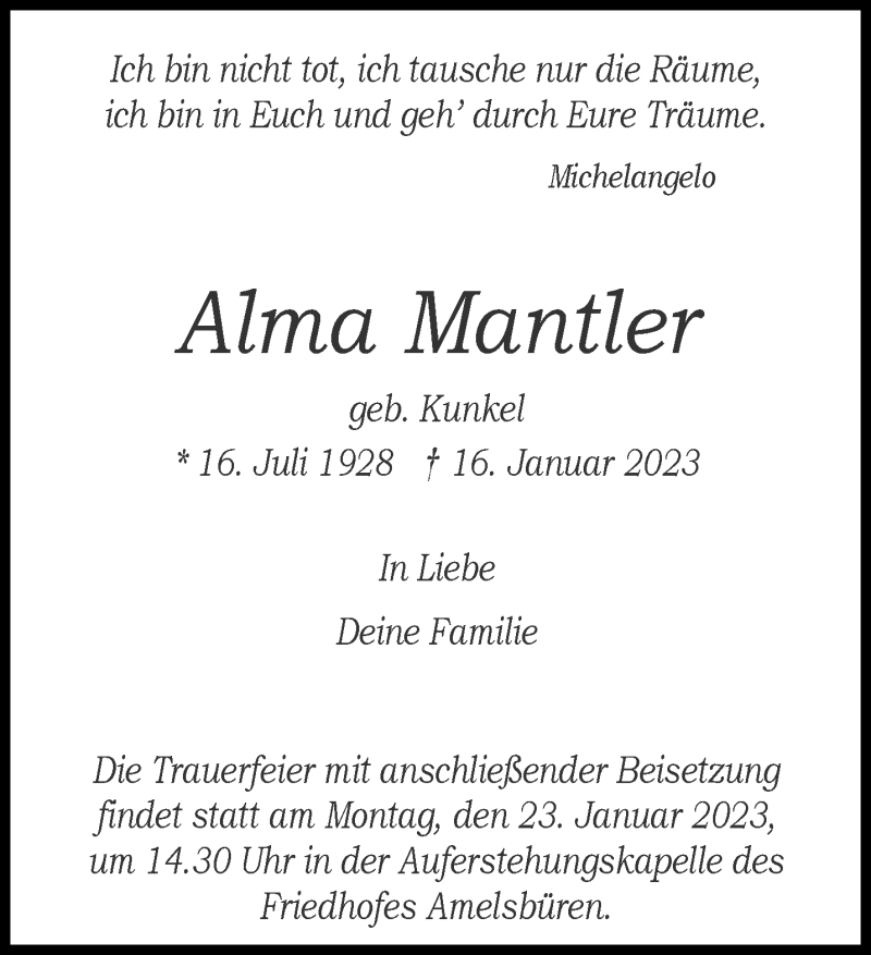  Traueranzeige für Alma Mantler vom 21.01.2023 aus 