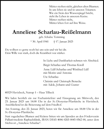 Anzeige von Anneliese Scharlau-Reißelmann 