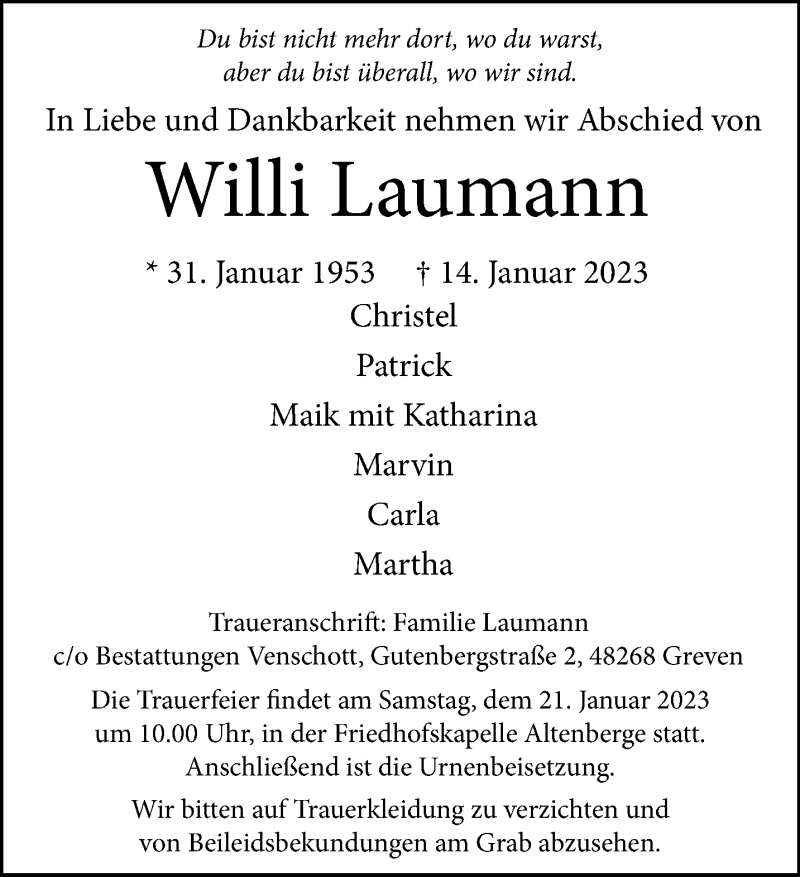  Traueranzeige für Willi Laumann vom 18.01.2023 aus 
