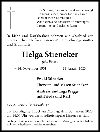 Anzeige von Helga Stieneker 