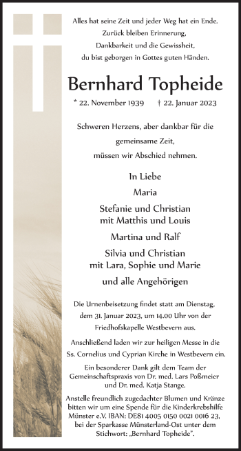 Anzeige von Bernhard Topheide 